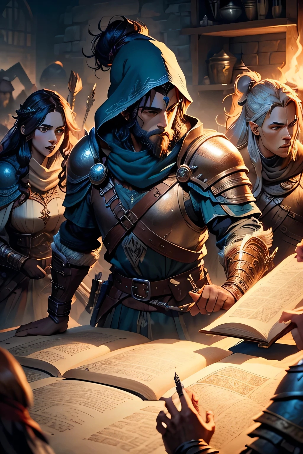 a medieval illustration with action, featuring wizards, warrior paladins, and bards, a ::group of people, group for rpg, ::wizard, magic, batle, armor, fire