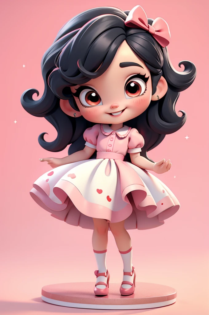 3d illustration, pixar style, cute chibi,  , black hair, red bow in hair, dress red with black with white dots, bright eyes, big eyelash, pink cheeks, happy, smiling, glitter, white socks, red high heels shoes, exuberant, fantastic, cute pose, wonderful, white background, clean solid background, hq, 8k, masterpiece
