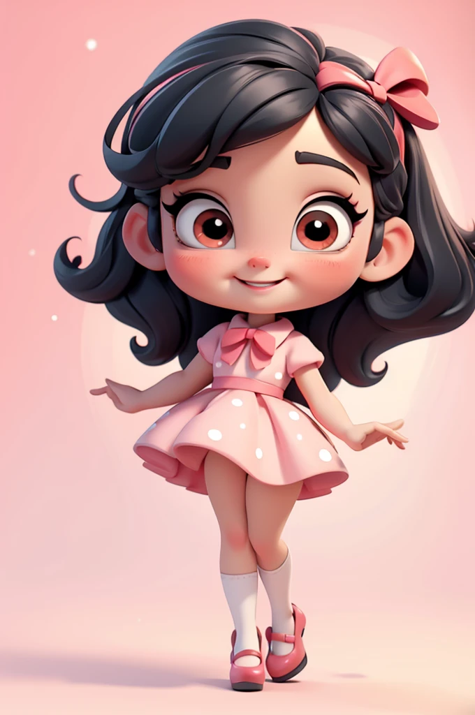3d illustration, pixar style, cute chibi, baby girl , black hair, red bow in hair, dress red with black with white dots, bright eyes, big eyelash, pink cheeks, happy, smiling, glitter, white socks, red high heels shoes, exuberant, fantastic, cute pose, wonderful, white background, clean solid background, hq, 8k, masterpiece