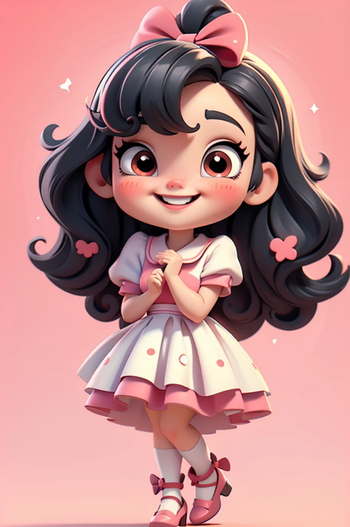 3d illustration, pixar style, cute chibi, baby girl , black hair, red bow in hair, dress red with black with white dots, bright eyes, big eyelash, pink cheeks, happy, smiling, glitter, white socks, red high heels shoes, exuberant, fantastic, cute pose, wonderful, white background, clean solid background, hq, 8k, masterpiece
