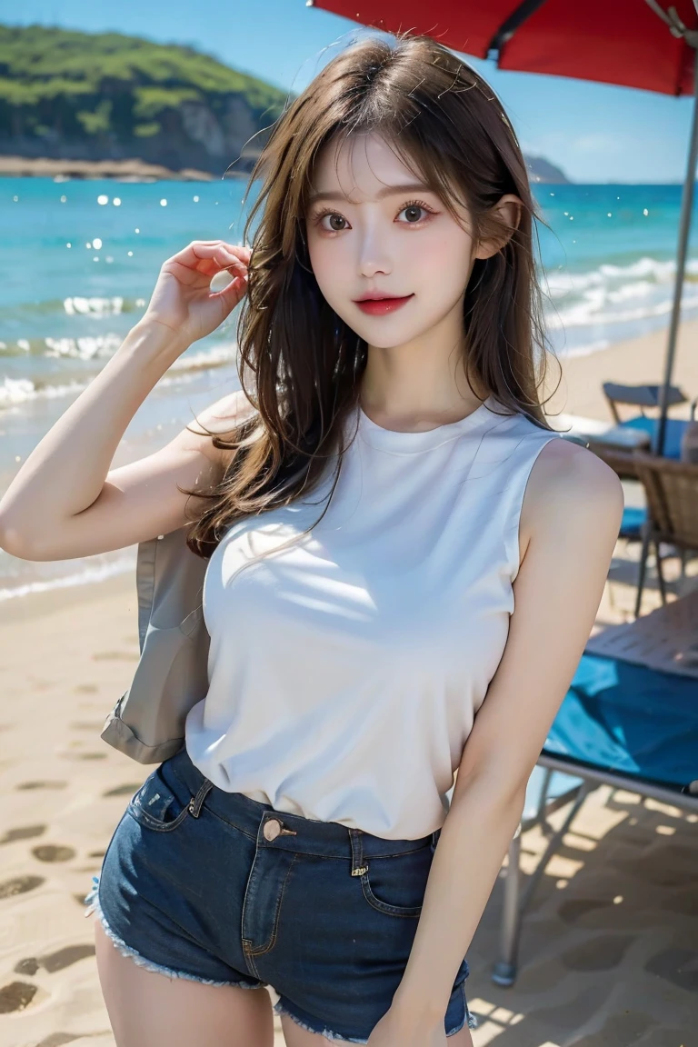 Beautiful woman wearing shorts and a sleeveless top on the beach