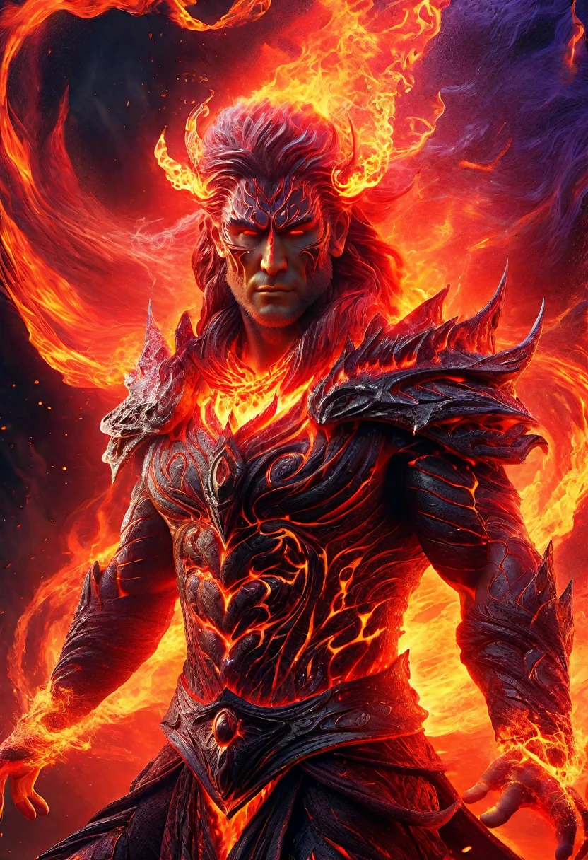 high details, best quality, 8k, [ultra detailed], masterpiece, best quality, (extremely detailed), full body, ultra wide shot, photorealistic, Faiza fantasy art, dnd art, rpg art, realistic art, an ultra wide picture of a male human (1.5 intricate details, Masterpiece, best quality) god of fire ((fiery radiant aura)), controlling a swirling fiery red radiant magic (1.5 intricate details, Masterpiece, best quality), manipulating purple radiant magical symbols, [[divine symbols]] (1.5 intricate details, Masterpiece, best quality), human male, flame hair, long hair with aura, hair with red fiery radiant eyes, intense eyes, ((radiant eyes)), (( red glowing eyes)), dynamic clothing, fantasy volcano background, streams of lava, celestial background, ((divine worship atmosphere)), high details, best quality, UHD, ultra wide angle
