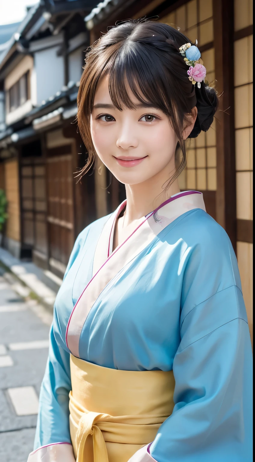 Professional Lighting,(Realistic:1.4), (Top image quality:1.0), (超High resolution:1.0), 8K, Raw photography, (masterpiece:0.2), (Dealing with the Children_v1:0.5)、(最高quality Detail:1.2)、Realistic、8K Ultra HD、High resolution、(1 Girl:1.2)、超detailedな、High quality textures、複雑なdetailed、detailed、Very detailed CG、High quality shadows、detailed 美しく繊細な顔、Beautiful details and a delicate eye、(Symmetrical eyes:1.2),Written boundary depth、Ray Tracing,1 Girl, Japanese Girls, (Natural smile:1.4),cute, thin, Portrait of a beautiful Japanese woman in a kimono, Standing elegantly on a street corner in Kyoto. Kimono with vibrant traditional patterns, Hair decorated with elegant and delicate hairpins, Gentle expression. (With the old streets of Kyoto in the background:1.4)、The soft light of a spring afternoon、Adding tranquility to the scene. Rendered in a Realistic style with great attention to detail, High resolutionの画像.Sky Porn, Magic Hour, (Realistic:1.3), finely, quality, (Tabletop:1.2), (Realistic:1.2), (最高quality), (複雑なdetailed), dramatic, Ray Tracing, photograph, +roller
