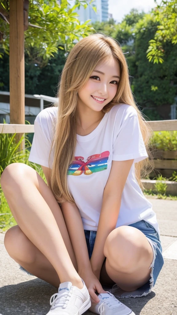 Best Pixels、Highest quality、Highest quality、One Woman、Young Japanese Woman、20th generation、Long Hair、blonde、blonde、summer、T-Shirts、Shorts sexy pose、Beautiful round eyes、smile、beauty、Large Breasts、Brushing your hair、Beautiful feet、Spread your legs、