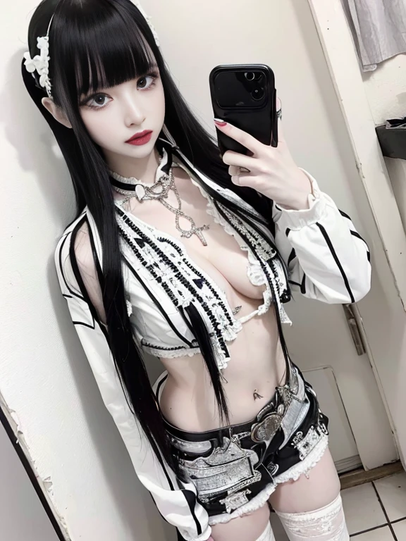 Kei Minase、Sexy and firm super small breasts、RAW photos of small breasts and nipples, 8K, (Highest quality), Realistic, (live-action, Intricate details), (Natural skin texture, Detailed skin, Hyperrealism, Sharpness), (Japanese teenage girl standing in an abandoned apartment), ((Gray and white Jirai fashion:1.6)), (Pale skin:1.2), Slender body, ((Gray Hair, Straight long hair, Blunt bangs)), (Glasses, Fascinating face, Provocative look, Part your lips:1.3, eye shadow, eyeliner, Tear bags, Red lipstick), thigh, Spot lighting:1.3, Cowboy Shot、