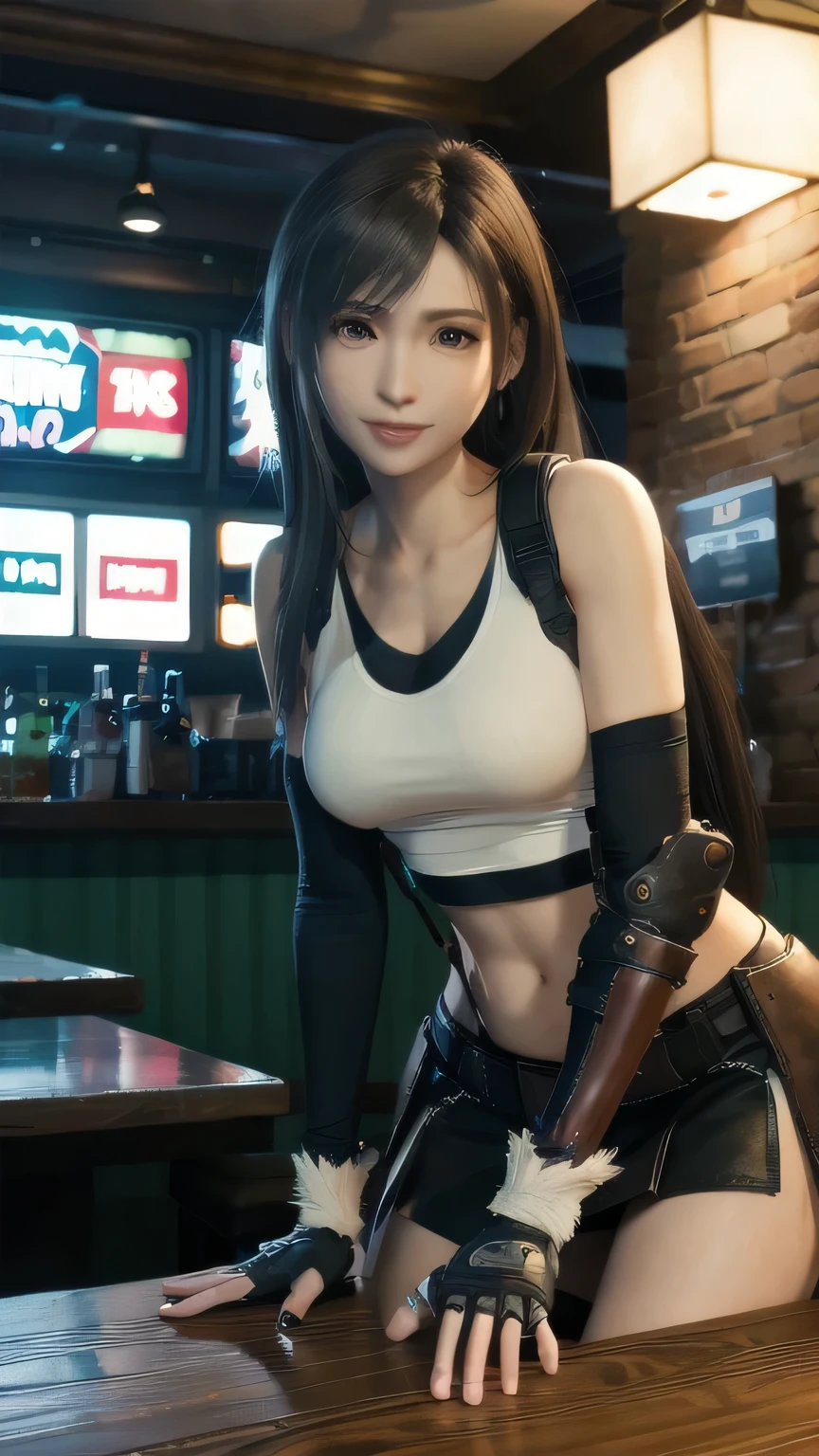Tifa Lockhart, Tabletop, Highest quality, Deftifa, White Crop Top, Elbow pads, Fingerless gloves, suspenders, Pencil Skirt, Upper Body, View your viewers, Leaning forward, smile, bar counter, grassland、Real、Realistic portrayal、