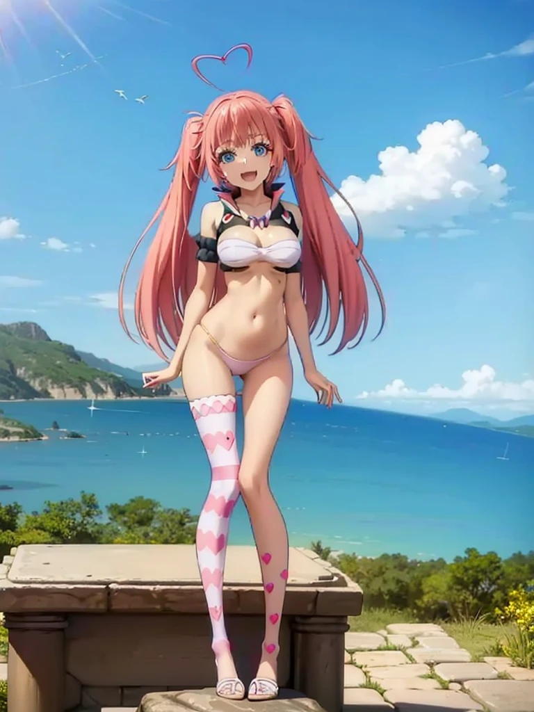 1girl, solo, beautiful girl, brunette skin, blue eyes, big eyes, detailed eyes, long eyelashes, pink hair, long hair, sidelocks, twintails, head tilt, fang, medium breasts, white bikini, string bikini, asymmetrical legwear, pink legwear, pink thighhigh, no pants, smile, looking at viewer, narrow waist, perfect hands, perfect anatomy, cleavage, midriff, navel, bare shoulders, bare arms, outdoors, flying, floating, blue sky, clouds, ultra detailed eyes, anime style, knees together, legs up, smile, open mouth, underboobs, simple background, pink background, hearts, ice cream, holding ice cream,