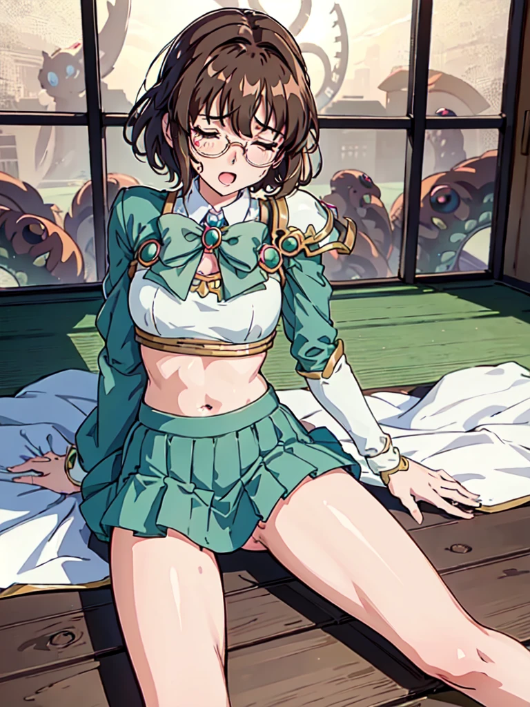 outdoor,Masterpeace,high quality,Magic_Knight_Rayearth, 1girl, solo, short hair, green skirt, pleated skirt, brown hair, bow, , green eyes, white shoes,round eyewear,rimless eyewear,(masterpiece, best quality: 1.2),(very detailed face, real image, realistic skin, realistic body, intricate details)1girl, 1boy, solo focus, cowgirl position, straddling, girl on top, spread legs,breasts squeezed together, bent over,cum, cum in pussy, cum overflow,female , female orgasm, ,rape, deep penetration, vaginal, sex, {motion lines},crying, closed eyes, scared, embarrassed, open mouth, blush, nose blush,sweat, clothes lift, breasts, nipples, no panties, {{{pussy}}}, penis, skirt,indoor, tatami,official style, anime style, very aesthetic, best quality, realistic, intricate, overall detail}}, stationary restraints, reproductive worship, bio-punk, biological technology, rape, tentacles sex, {{cilia on creature's back}}, caress, tentacles passing between a girl's legs, tentacles rubbing her pussy, nsfw, 1 girl, completely nude, limbs inside creature, {{riding, straddling on tentacles}}, arched back orgasm, {{head leaning back}}, thrust stomach forward, nipples, navel, crying with eyes open, manga style, wonderfull background