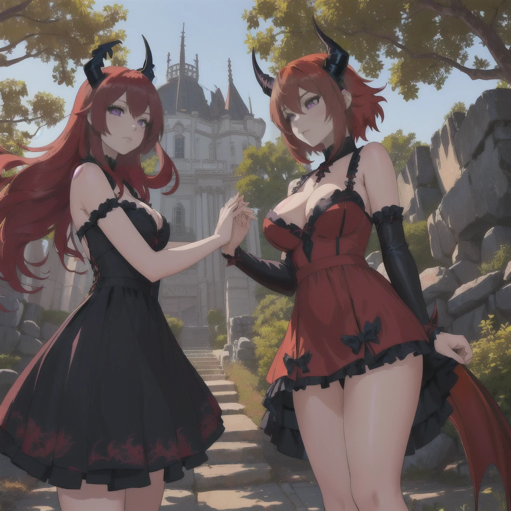 anime girl with red hair and horns in front of a tree, garota anime demon, beautiful together, together, together in tight short dress, Rias Gremory, Lilith, together | Mediovale, garota demon, anime monster girl, mika kurai demon, Dragon girl, demon, together in sundress portrait, seductive anime girl, Coloque cabelo comprido nas duas. Golden Hour. lighting with the image component with purple and blue tones