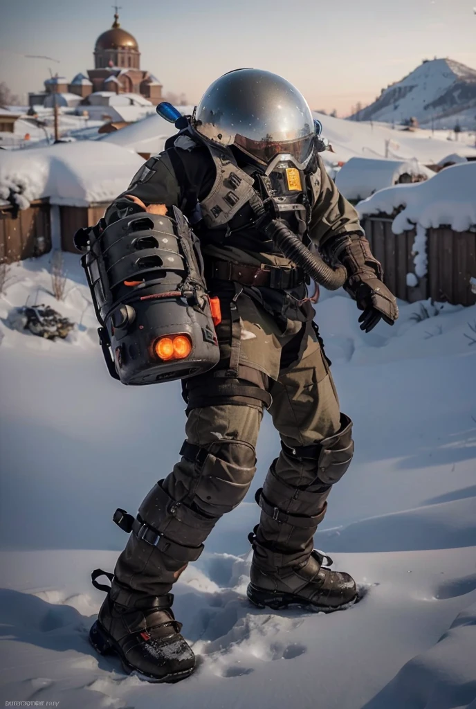 Soviet male soldier, painted Soviet symbols, matte brown metal modern tactical armor, gray metal helmet in the shape of a dome with visor covers his entire head, rubber tubes and cables, dark red uniform, in his hands he has Tesla weapon electric rays come out the weapon, metal boots, metal plate armor, metal knee pads, he is in a pos apocaliptic russian city, snowy day, red sky, 4k, ultra image detailed, realistic, Highly detailed, perfect composition, splendid, Intricately detailed, incredibly detailed, Art photography 8K, hyper detailed, Masterpiece, Ultra detailed, hyper realistic, 4k, Ultra detailed image, realistic, Highly detailed, perfect composition, gorgeous, Intricately detailed, incredibly detailed, 8K fine art photography, hyper detailed, masterpiece