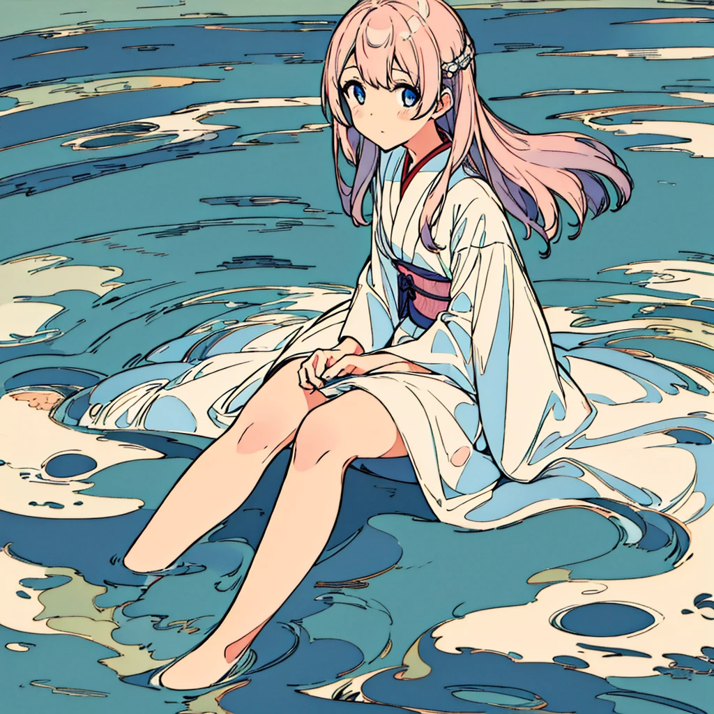 Full-body close-up of a girl in a white dress sitting facing forward Japanese summer nostalgic pastel