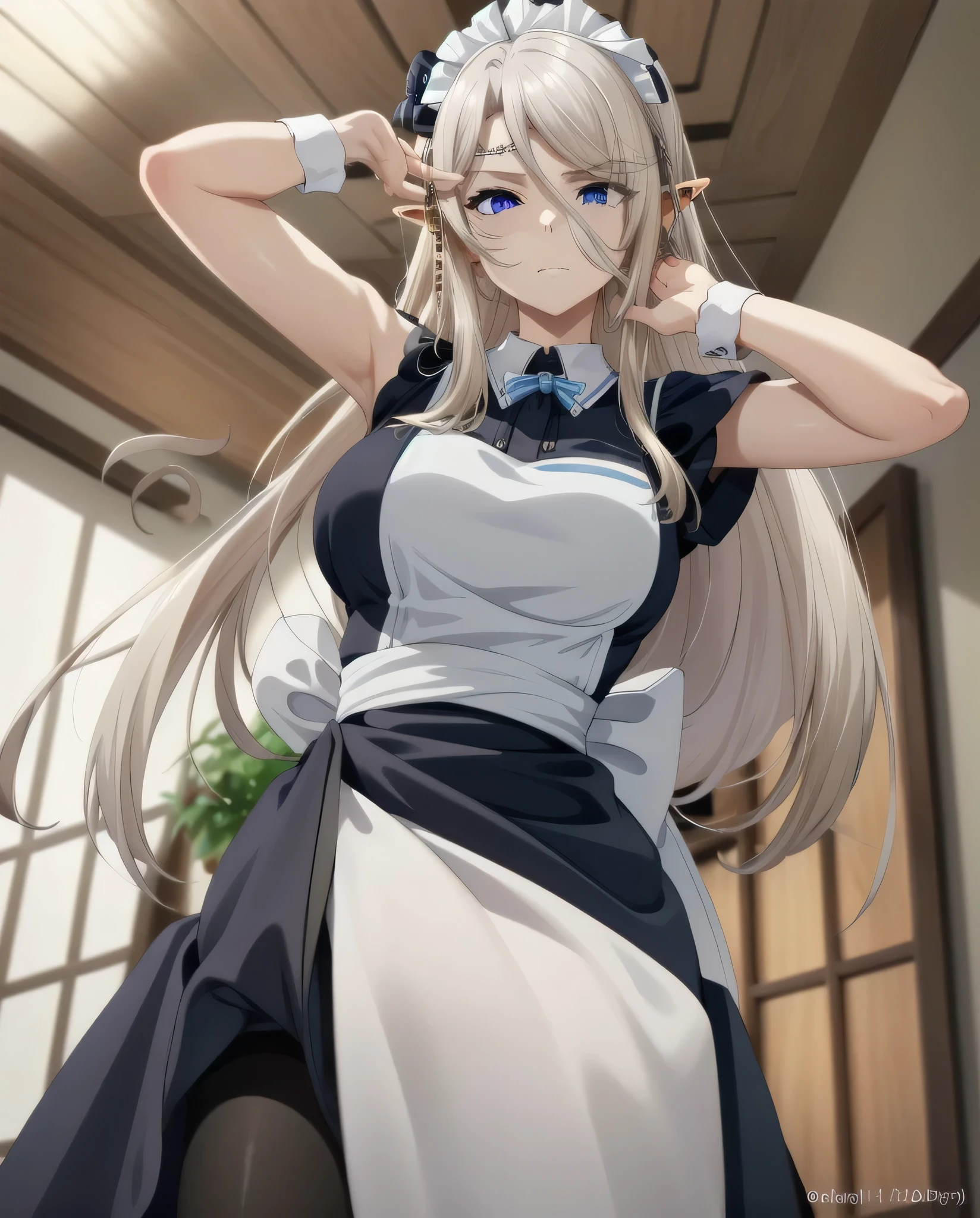 best quality, from below, log angle, intenseglare, disgust, shaded_face, shadow_over_eyes, glaring, looking down at the viewer, long platinum hair,blue eyes,pointy ears,elf,,masterpiece, highres, solo, (maid:1.40), (long maid dress:1.15), anime_style, 14
