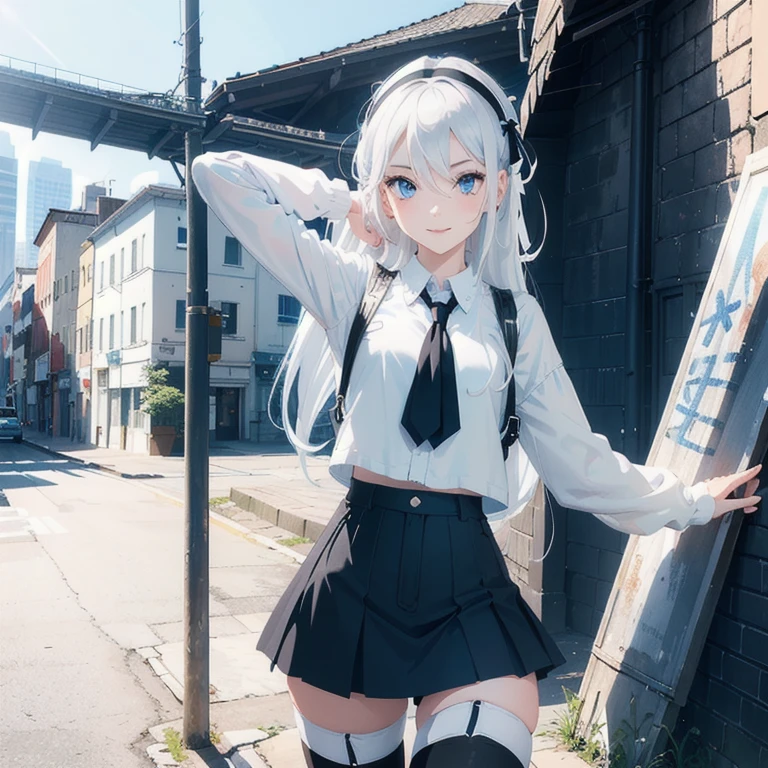 (1 girl), (Masterpiece, Best quality, ultra high resolution), Silver hair, Pale skin, Beautiful detailed face, Detailed eyes, posing on a, On a white background, Dynamic lighting, dynamic shadowing, looking at viewer, White stone punk fashion, (Posing for a photo), ((White clothes with blue details)), (((black thigh highs))), ((jean shorts, skirt)), white sweater, ((Blue eyes)), happy, smiling, black straps, black strap design, ((Long white hair)), energetic, cheerful, cityscape background, blue highlights, blue tertiary color, (((no tie)))