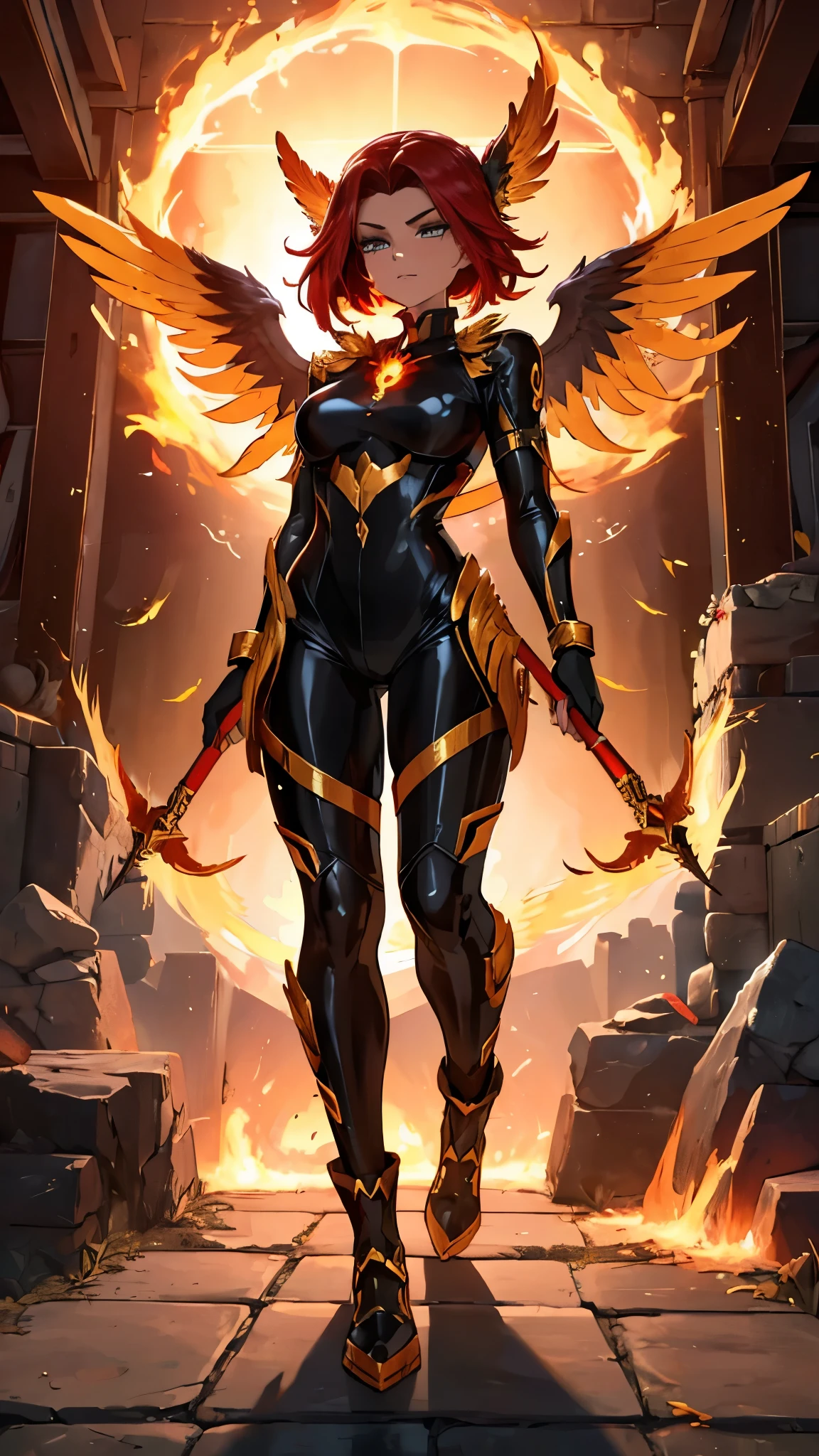 (Upper part of the body:1.3), 1 girl,phoenix guardian, fireproof suit with golden phoenix emblem, Fire cage with obsidian bars., phoenix nest with shiny golden feathers, claw gloves to manipulate the phoenix, fire ruby to feed the phoenix,