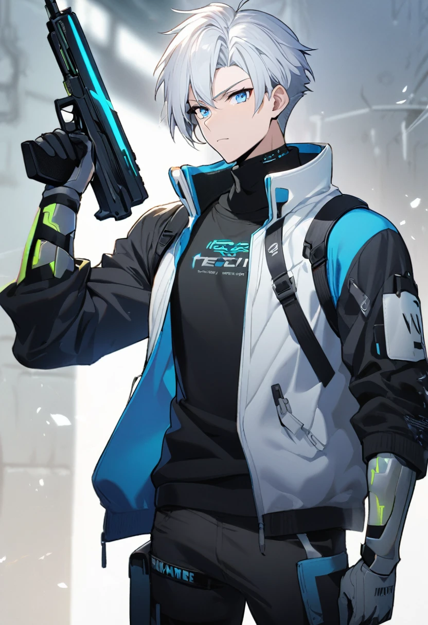 1man, white hair, 1cyber arm, holding pistol, blue eyes, tech wear, jacket, from bellow
