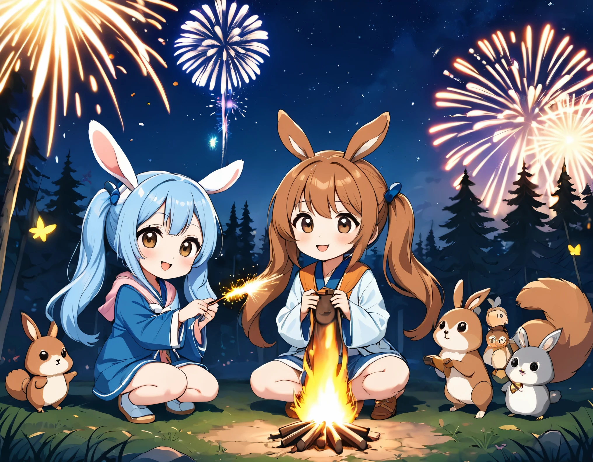 Campfire in the woods、Two Girls，1 Chibi Character、Nice face，Dark Eyes、Light blue long hair、Beautiful girl with twin tails，Forest animals and fireworks、Rabbit、Squirrel、Bear、deer、owl、Lots of animals、Crouched down holding a sparkler and watching the sparks fly、Bright smile、Warm and soft lighting，Night Sky，Starry Sky、fireflies dance、白いowlが見ている