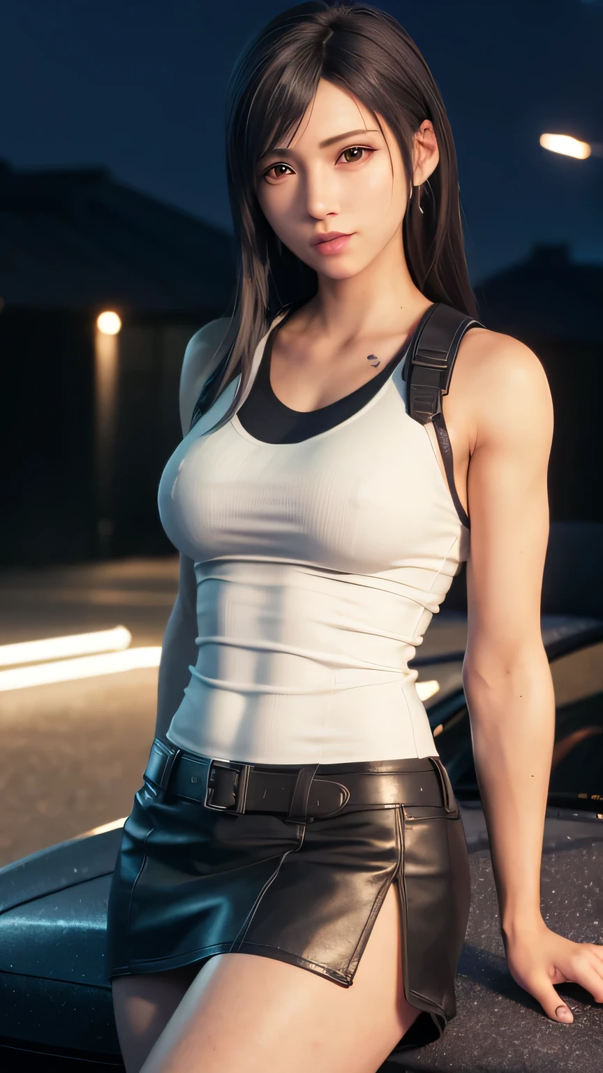 Purelos Face_v1,Urzan-6500,Keratinous_Cover_chest_One_arm, teeth,8K, Highest quality, masterpiece:1.2), (Realistic, photo-Realistic:1.37), Super detailed, 1 Girl,cute, alone, ((Tifa Lockhart,tifa Tifa Lockhart's sporty dress)), (big chest),(beautiful detailed eye), (smile:1.2), (Mouth closed), arms behind back, Neon Light, Cityscape, Depth of written boundary, Dark intense shadows, Sharp focus, car, Motion Blur, bike, Depth of written boundary, Good composition, Green glowing light, Final Fantasy VII, Date,(鼻がredくなる), Single Elbow Pad, Black Hair, red shoes, Muscular,Abdominal muscles,Tight shirt,Black Skirt, Knee socks, whole body, Headrest, lips, Pretty face, Long hair tied low, ((red_eye)), Yellow Flower, (night:1.3), Complex, Bokeh, Cinema Lighting, Photon Mapping, Radio City, Physically Based Rendering, (Tetsuya Nomura Style)、Realistic Women
