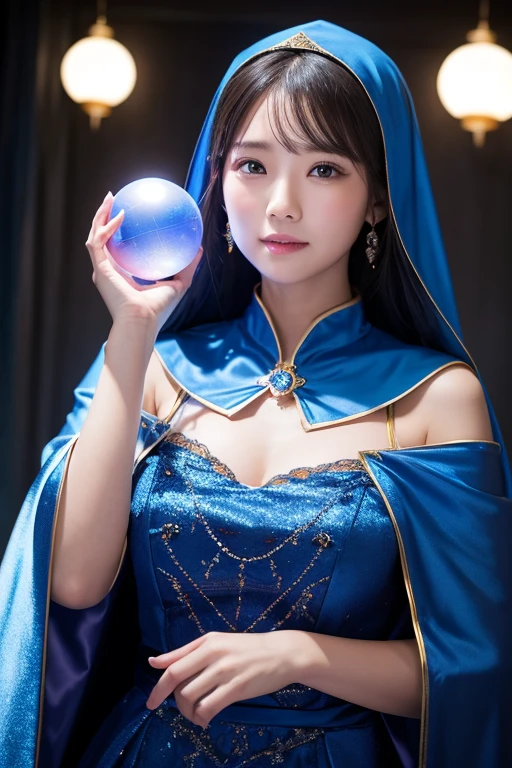 Overall body orientation: front. Female fortune teller. Charm, Beautiful and mysterious. She has a blue cape on her head、The face is clear。. The background is bright and sparkling. An atmosphere of anxiety and anticipation. The fortune teller is standing. He has a crystal ball in each hand. The lighting in the room is bright, Create a fantastic atmosphere. Best image quality, 4K or 8K resolution. Extremely fine detail、It's as real as a photo. Artistic style is、It should reflect the formula's aesthetic with bright colors and strong contrast。. The color palette should emphasize the mysterious and mystical theme of the piece.. The fortune teller's cloak is decorated with metal ornaments and intricate designs., Thickness ratio 1.5. The overall atmosphere is wonderful and fantastic. The fortune teller's facial expression should evoke a mysterious interest.. There is no one there except the fortune teller.