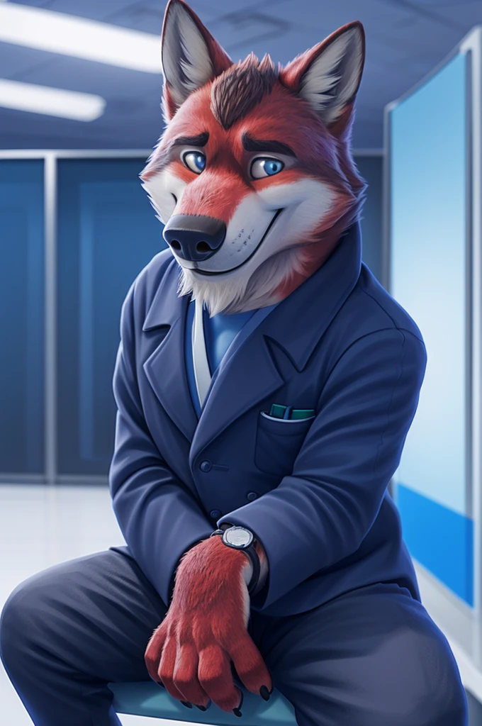 Ivan Fedorovich Wolfbach (Novosibirsk) ,tall handsome, wolf,young, 24 years, brown fur,Kind,(red body:1.3),beautiful blue eyes,Novosibirsk,dressed,medical gray suit,trousers, Cardiologist, canine, wolf, detailed fur, male, second, paw pads, finger claws,At the viewer, 5 fingers, paws, 5 fingers, smile, wrist watch, т nextel,by xenoforge, (difficult, high detail, digital photography, soft focus, RAW,is sitting кабинете врача окулиста, ,Very close to the camera, variety,Novosibirsk, smile, good mood, positive, Very close to the camera, medical suit, the office distributes a stethoscope, 
Photorealism, realistic, photorealistic, digital style, Subsurface scattering,I&#39;m looking at the viewer,is sitting, office oculist doctor oculist, 
masterpiece, Best quality, ultra realistic, 8 thousand.)
