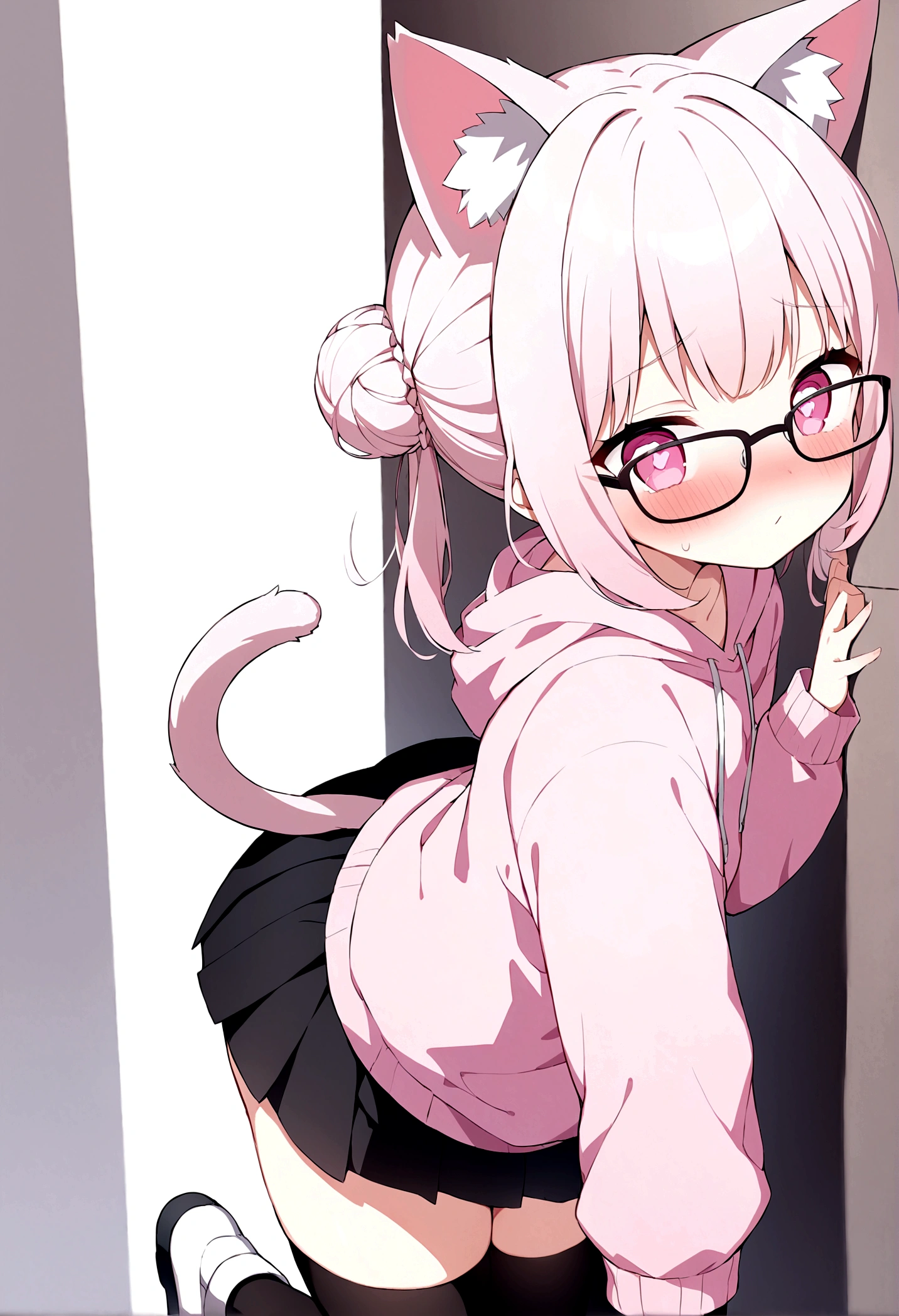 I have white pink hair, cat ears, a bun, my face is super blushing, black glasses, pink heart eyes, a big pink sweatshirt, a black skirt, black stockings, white shoes, a cat&#39;s tail, a girl. very shy that she is glued to a wall with her butt