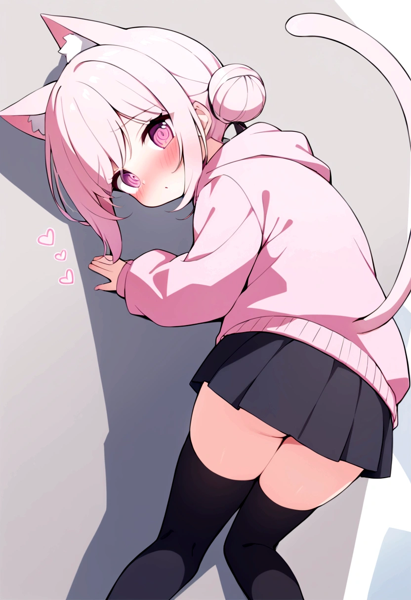 I have white pink hair, cat ears, a bun, my face is super blushing, black glasses, pink heart eyes, a big pink sweatshirt, a black skirt, black stockings, white shoes, a cat's tail, a girl. very shy that she is glued to a wall with her butt