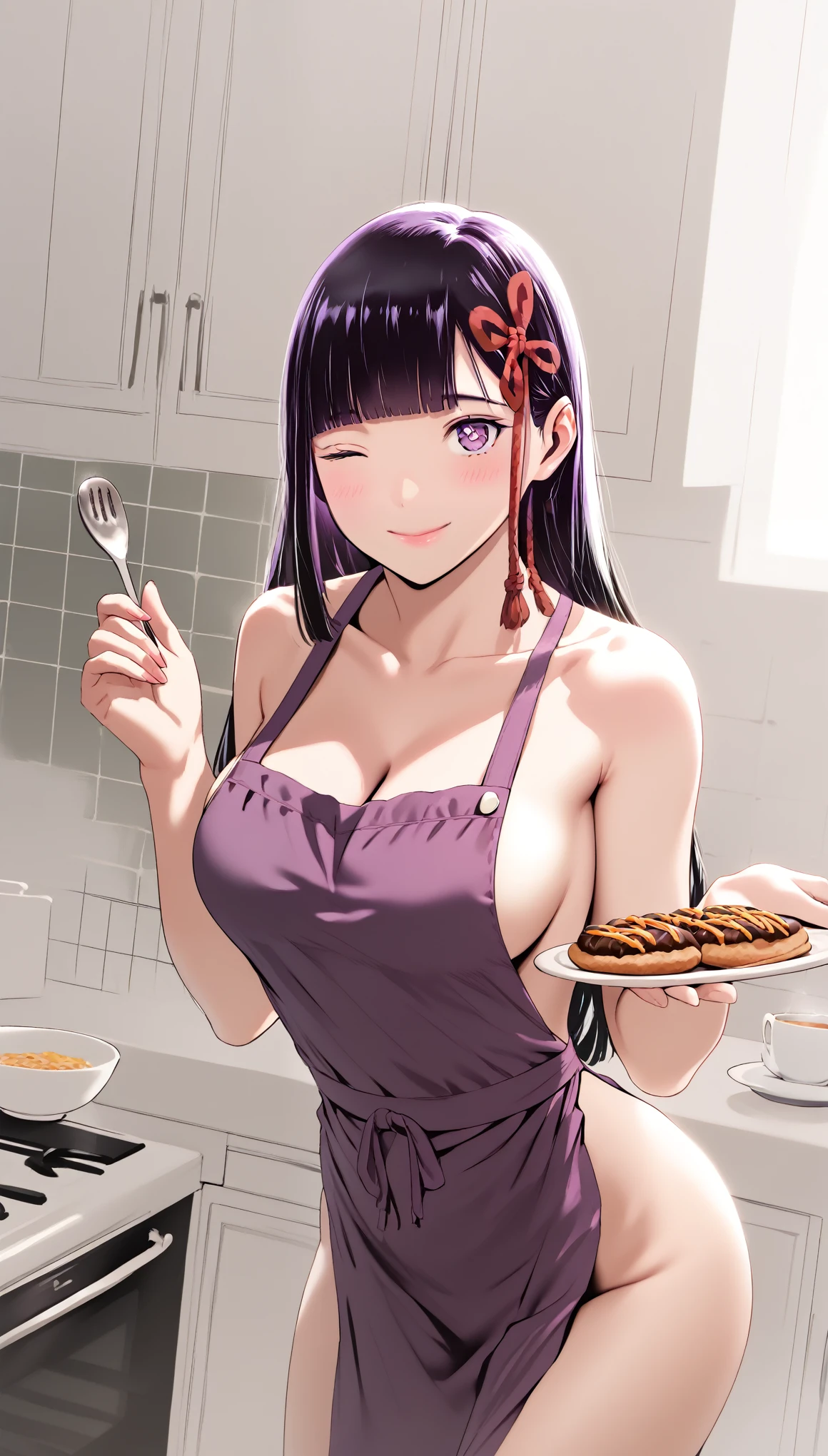 (hews art style:0.7), score_9, score_8_up, score_7_up, score_6_up, uncensored, YamashiroRen, long hair, black hair, blunt bangs, hair ornament, purple eyes, BREAK (masterpiece:1.2), best quality, high resolution, (beautiful detailed eyes:1.3), perfect lighting, (perfect hands, perfect anatomy), hearts, pleasured, naked_apron, large_breasts, cleavage, smile, blush, looking_at_viewer, collarbone, solo, holding, food, bare_shoulders, kitchen, jewelry, closed_mouth, indoors, cowboy_shot, wink, standing, sideboob, rating:safe, tiles, mature, thighs,