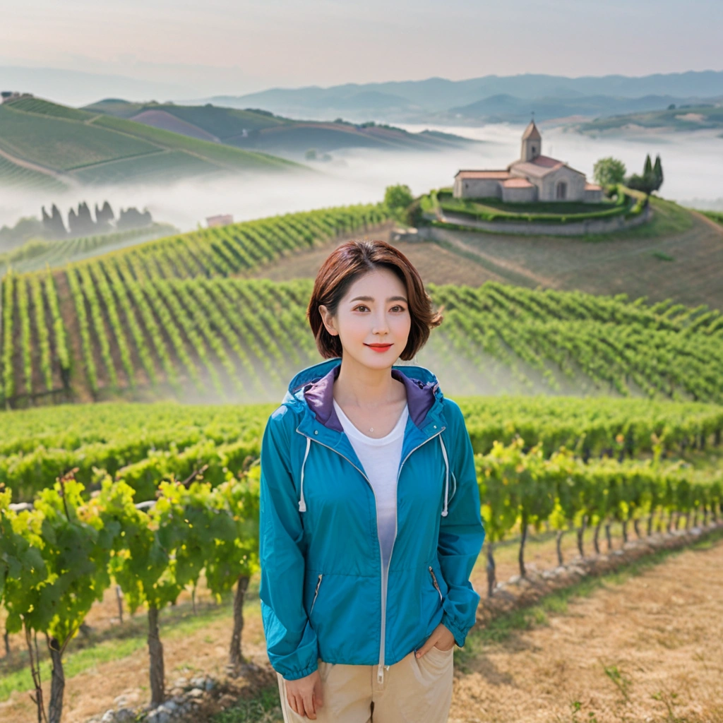 8k best picture quality, Beautiful 36-year-old Korean woman, You have good skin and big and pretty eyes... Chest size 34 inches, italian countryside, past the vineyard, The cathedral can be seen in the distance in the thick fog..., The background is realistic and vivid quality.., Short and medium hair blowing in the wind, Wear a high-quality windbreaker over your t-shirt. beige casual pants, i am smiling. Standing on a hill overlooking a misty vineyard. the background is clear, Short and slim Korean woman, stand far away, Full body photo taken with Canon Mark 5 camera 16-35 wide angle lens, One woman with big and pretty eyes, eyes are round and big. Standing on a hill overlooking a vineyard