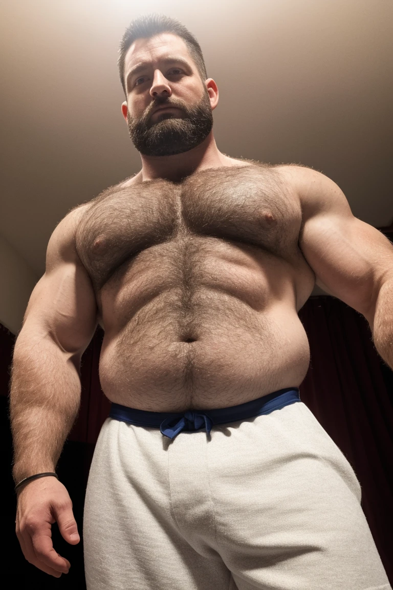8K HDR Very Extremely Realistic Very Detailed High Quality 8K HDR Very Realistic 46 year old daddy rugged bodybuilder muscle bears man, 8KHDR very realistic detailed hairy, 8KHDR very realistic beared big daddy muscle bear, and 8KHDR very realistic detailed rugged burly man in shorts. 8KHDR Very Realistic legs, 8KHDR very realistic hair, 8KHDR very realistic beards, 8KHDR very realistic thick chubby fat neck, 8KHDR very realistic neck lines, 8KHDR very realistic detailed neck, 8KHDR very realistic belly, 8KHDR very realistic burly chest, 8KHDR very realistic detailed hairy burly strong chest and arms, 8KHDR very realistic detailed hairy burly strong chest and arms, 8KHDR very realistic pecs, 8KHDR very realistic burly muscle bear body, 8KHDR very realistic nipples, 8KHDR very realistic burly muscle bear body, 8KHDR very realistic face, 8KHDR very realistic detailed face, 8KHDR very realistic eyes, 8KHDR very realistic detailed eyes, 8KHDR very realistic pupils, 8KHDR very realistic detailed pupils, 8KHDR very realistic head, 8KHDR very realistic waist, 8KHDR very realistic facial features, 8KHDR very realistic burly arms, 8KHDR very realistic elbows, 8KHDR very realistic hands, 8KHDR very realistic pecs, 8KHDR very realistic belly, 8KHDR very realistic human man body, 8K HDR very realistic bellybutton, 8KHDR very realistic wrists, 8KHDR very realistic fingers, 8KHDR very realistic fingernails, 8KHDR very realistic shoulders, 8KHDR very realistic mouth, 8KHDR very realistic lips, 8KHDR very realistic mens clothing, 8KHDR very realistic detailed mens clothing. 8KHDR Very Realistic Hairy Bearded Burly Muscle bear Photoshoot, 8KHDR Very Realistic Ultra-detailed, 8KHDR very realistic detailed bedroom surroundings, 8KHDR very realistic surroundings lighting, No Deformities, captured with a 85mm lens, ( best quality, highres, realistic:1.37), Super real detailed skin, Ultra-detailed, Photorealistic 1.4, hyper photorealism, 8K HDR Clear HDR Quality