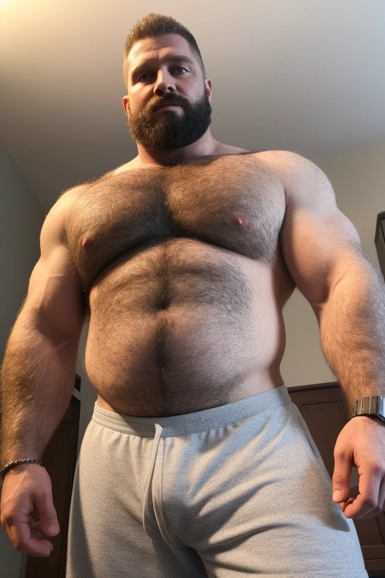 8K HDR Very Extremely Realistic Very Detailed High Quality 8K HDR Very Realistic 46 year old daddy rugged bodybuilder muscle bears man, 8KHDR very realistic detailed hairy, 8KHDR very realistic beared big daddy muscle bear, and 8KHDR very realistic detailed rugged burly man in shorts. 8KHDR Very Realistic legs, 8KHDR very realistic hair, 8KHDR very realistic beards, 8KHDR very realistic thick chubby fat neck, 8KHDR very realistic neck lines, 8KHDR very realistic detailed neck, 8KHDR very realistic belly, 8KHDR very realistic burly chest, 8KHDR very realistic detailed hairy burly strong chest and arms, 8KHDR very realistic detailed hairy burly strong chest and arms, 8KHDR very realistic pecs, 8KHDR very realistic burly muscle bear body, 8KHDR very realistic nipples, 8KHDR very realistic burly muscle bear body, 8KHDR very realistic face, 8KHDR very realistic detailed face, 8KHDR very realistic eyes, 8KHDR very realistic detailed eyes, 8KHDR very realistic pupils, 8KHDR very realistic detailed pupils, 8KHDR very realistic head, 8KHDR very realistic waist, 8KHDR very realistic facial features, 8KHDR very realistic burly arms, 8KHDR very realistic elbows, 8KHDR very realistic hands, 8KHDR very realistic pecs, 8KHDR very realistic belly, 8KHDR very realistic human man body, 8K HDR very realistic bellybutton, 8KHDR very realistic wrists, 8KHDR very realistic fingers, 8KHDR very realistic fingernails, 8KHDR very realistic shoulders, 8KHDR very realistic mouth, 8KHDR very realistic lips, 8KHDR very realistic mens clothing, 8KHDR very realistic detailed mens clothing. 8KHDR Very Realistic Hairy Bearded Burly Muscle bear Photoshoot, 8KHDR Very Realistic Ultra-detailed, 8KHDR very realistic detailed bedroom surroundings, 8KHDR very realistic surroundings lighting, No Deformities, captured with a 85mm lens, ( best quality, highres, realistic:1.37), Super real detailed skin, Ultra-detailed, Photorealistic 1.4, hyper photorealism, 8K HDR Clear HDR Quality