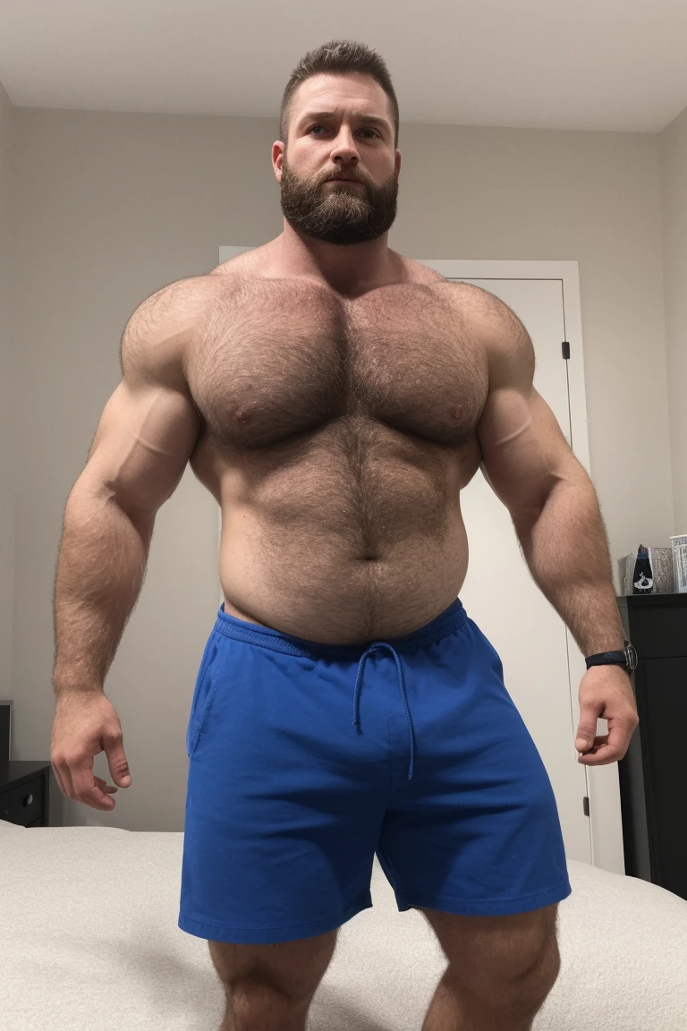 8K HDR Very Extremely Realistic Very Detailed High Quality 8K HDR Very Realistic 46 year old daddy rugged bodybuilder muscle bears man, 8KHDR very realistic detailed hairy, 8KHDR very realistic beared big daddy muscle bear, and 8KHDR very realistic detailed rugged burly man in shorts. 8KHDR Very Realistic legs, 8KHDR very realistic hair, 8KHDR very realistic beards, 8KHDR very realistic thick chubby fat neck, 8KHDR very realistic neck lines, 8KHDR very realistic detailed neck, 8KHDR very realistic belly, 8KHDR very realistic burly chest, 8KHDR very realistic detailed hairy burly strong chest and arms, 8KHDR very realistic detailed hairy burly strong chest and arms, 8KHDR very realistic pecs, 8KHDR very realistic burly muscle bear body, 8KHDR very realistic nipples, 8KHDR very realistic burly muscle bear body, 8KHDR very realistic face, 8KHDR very realistic detailed face, 8KHDR very realistic eyes, 8KHDR very realistic detailed eyes, 8KHDR very realistic pupils, 8KHDR very realistic detailed pupils, 8KHDR very realistic head, 8KHDR very realistic waist, 8KHDR very realistic facial features, 8KHDR very realistic burly arms, 8KHDR very realistic elbows, 8KHDR very realistic hands, 8KHDR very realistic pecs, 8KHDR very realistic belly, 8KHDR very realistic human man body, 8K HDR very realistic bellybutton, 8KHDR very realistic wrists, 8KHDR very realistic fingers, 8KHDR very realistic fingernails, 8KHDR very realistic shoulders, 8KHDR very realistic mouth, 8KHDR very realistic lips, 8KHDR very realistic mens clothing, 8KHDR very realistic detailed mens clothing. 8KHDR Very Realistic Hairy Bearded Burly Muscle bear Photoshoot, 8KHDR Very Realistic Ultra-detailed, 8KHDR very realistic detailed bedroom surroundings, 8KHDR very realistic surroundings lighting, No Deformities, captured with a 85mm lens, ( best quality, highres, realistic:1.37), Super real detailed skin, Ultra-detailed, Photorealistic 1.4, hyper photorealism, 8K HDR Clear HDR Quality