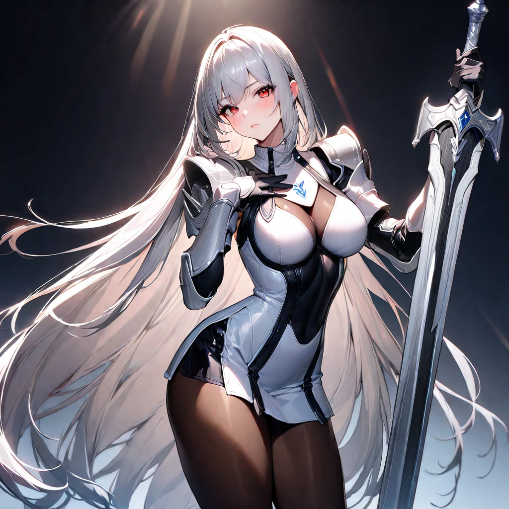 (masterpiece),(Highest quality),(Very detailed),(Best illustrations),(so beautiful), Beautiful Eyes, Perfect Face, Perfect hands, Perfect Fingers, hanging breasts, so beautiful長い脚, Silver Hair, Red eyes, Very long hair, pantyhose, valkyrie armor knight, mini skirt, Have a weapon, Large sword, shoulder