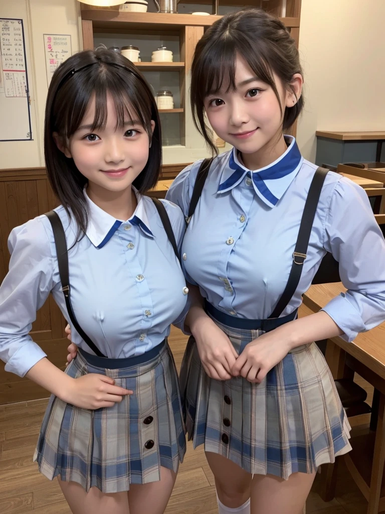 Highest quality、masterpiece、、Very detailed、Realistic、(Young face:1.4)、(Looks like an elementary school kid:1.4)、(Two Girls)、(Looking at me with a mischievous smile)、whole body、Small face、Narrow shoulders、(Very small breasts:1.5)、Thin and beautiful legs、Tight and slim waist、(Waitress uniform with buttons and collar:1.2)、(Light blue plaid mini skirt:1.1)、Short Hair、(Erect nipples:1.1)、apron、restaurant、(Open the buttons on your chest a little and lean forward.)
