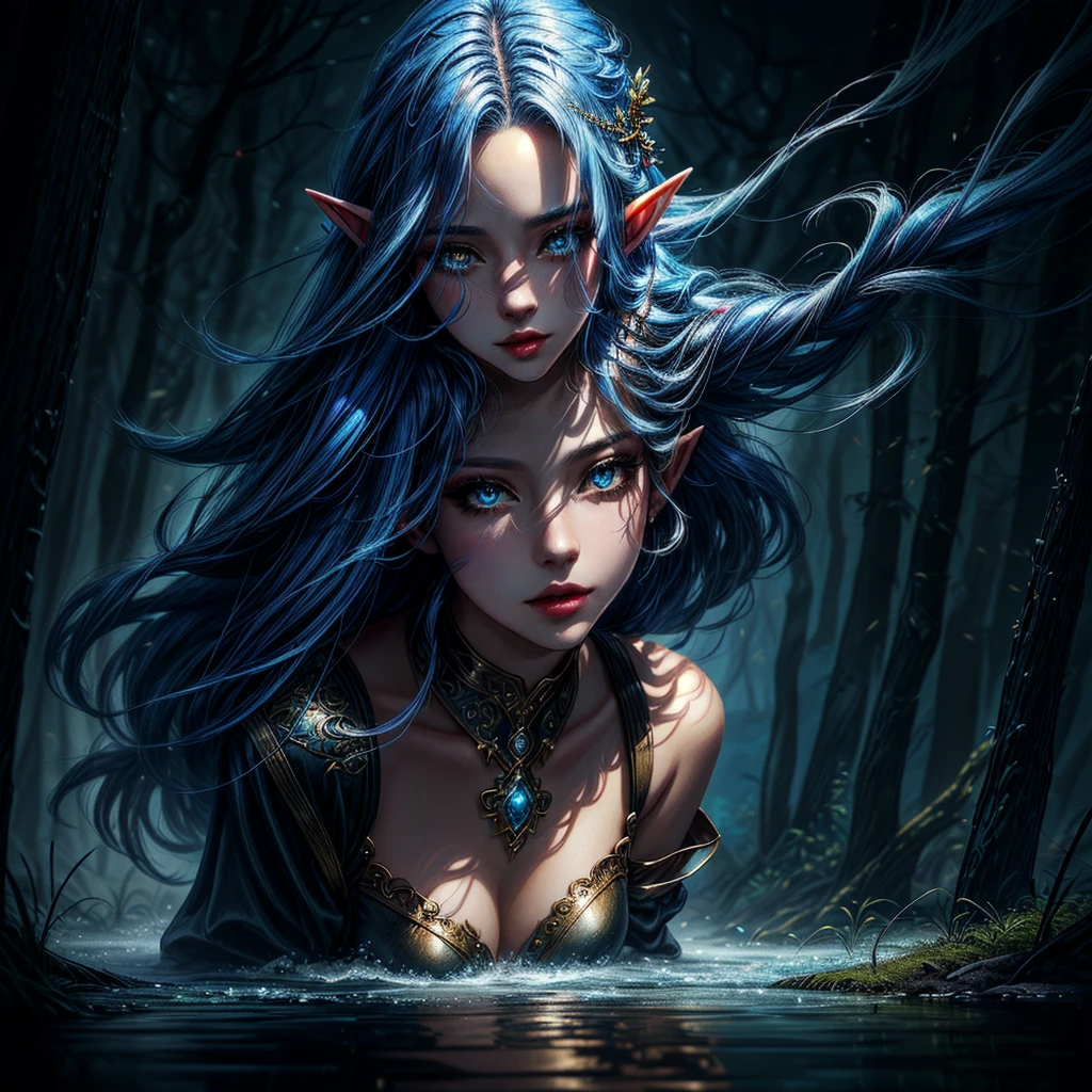 a woman with long blue hair hair and elf make-up stands in a stream, 4k fantasy art, detailed fantasy digital art, hyper-realistic fantasy art, Realistic fantasy artwork, beautiful fantasy art, HD-Fantasy-Kunst, detailed fantasy art, realistic fantasy painting, very beautiful fantasy art, digital art fantasy art, 4k highly detailed digital art, Detailed digital art in 4K, amazing fantasy art
