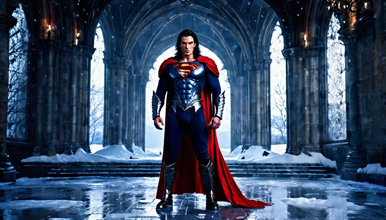 medieval warrior man, super muscular body with steroids, face of Christopher Reeve, long black hair, metal dragon armor, dark blue, red cape, a large S on the chest, legendary sword in hand, crystalline building in the background, ice ancient, sunset, snow, black floor, ethereal atmosphere, cinematic lighting, photorealistic, (best quality, 8k, high resolution, masterpiece: 1.2), ultra detailed, realistic, photorealistic: 1.37, spectacular lighting, moody, fantasy, conceptual art
