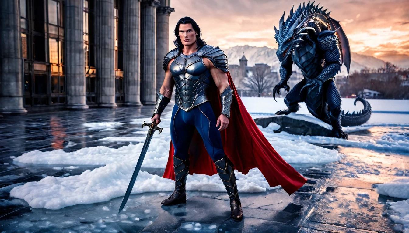 medieval warrior man, super muscular body with steroids, face of Christopher Reeve, long black hair, metal dragon armor, dark blue, red cape, a large S on the chest, legendary sword in hand, crystalline building in the background, ice ancient, sunset, snow, black floor, ethereal atmosphere, cinematic lighting, photorealistic, (best quality, 8k, high resolution, masterpiece: 1.2), ultra detailed, realistic, photorealistic: 1.37, spectacular lighting, moody, fantasy, conceptual art