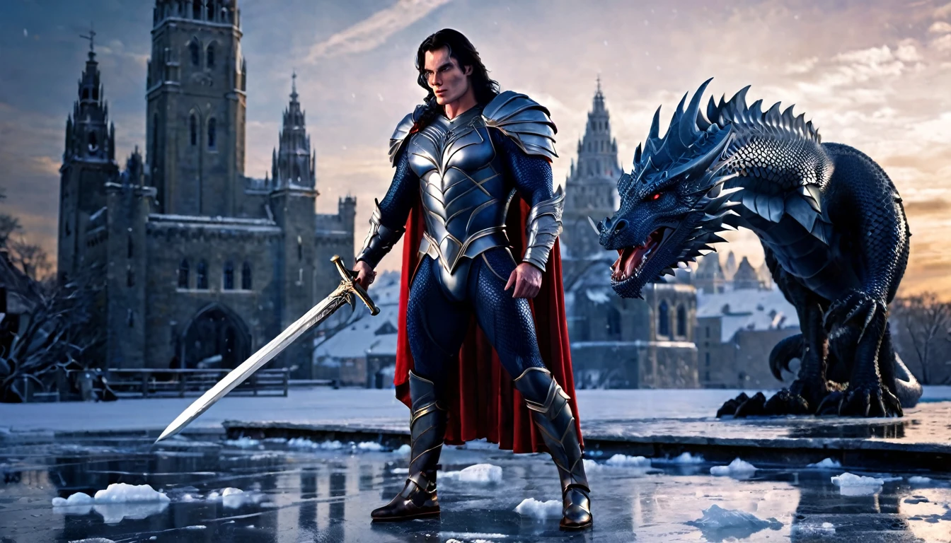 medieval warrior man, super muscular body with steroids, face of Christopher Reeve, long black hair, metal dragon armor, dark blue, red cape, a large S on the chest, legendary sword in hand, crystalline building in the background, ice ancient, sunset, snow, black floor, ethereal atmosphere, cinematic lighting, photorealistic, (best quality, 8k, high resolution, masterpiece: 1.2), ultra detailed, realistic, photorealistic: 1.37, spectacular lighting, moody, fantasy, conceptual art