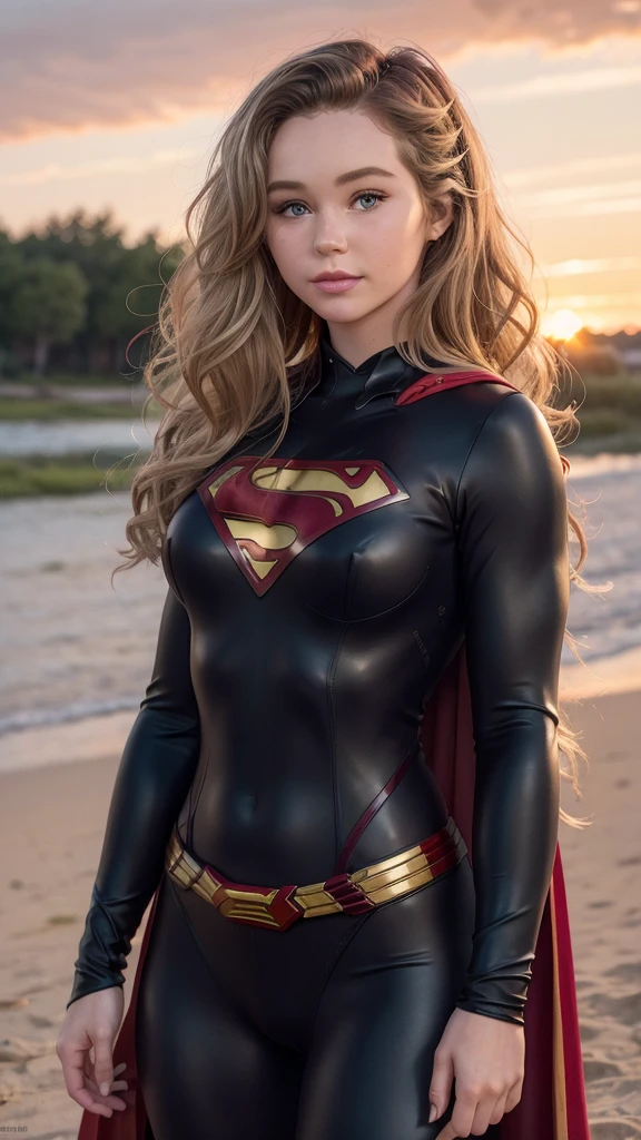 a beautiful freckled woman with pale skin, wavy hair, smiling, wearing a sexy (black superman's suit) with long red cape, with one exposed breast, (brec bassinger), blushing cheeks, large breasts, ultra-detailed, 8k, best quality, photorealistic, vivid colors, dramatic lighting, (red sky and sunset in the background)