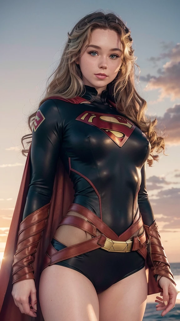 a beautiful freckled woman with pale skin, wavy hair, smiling, wearing a sexy (black superman's suit) with long red cape, with one exposed breast, (brec bassinger), blushing cheeks, large breasts, ultra-detailed, 8k, best quality, photorealistic, vivid colors, dramatic lighting, (red sky and sunset in the background)