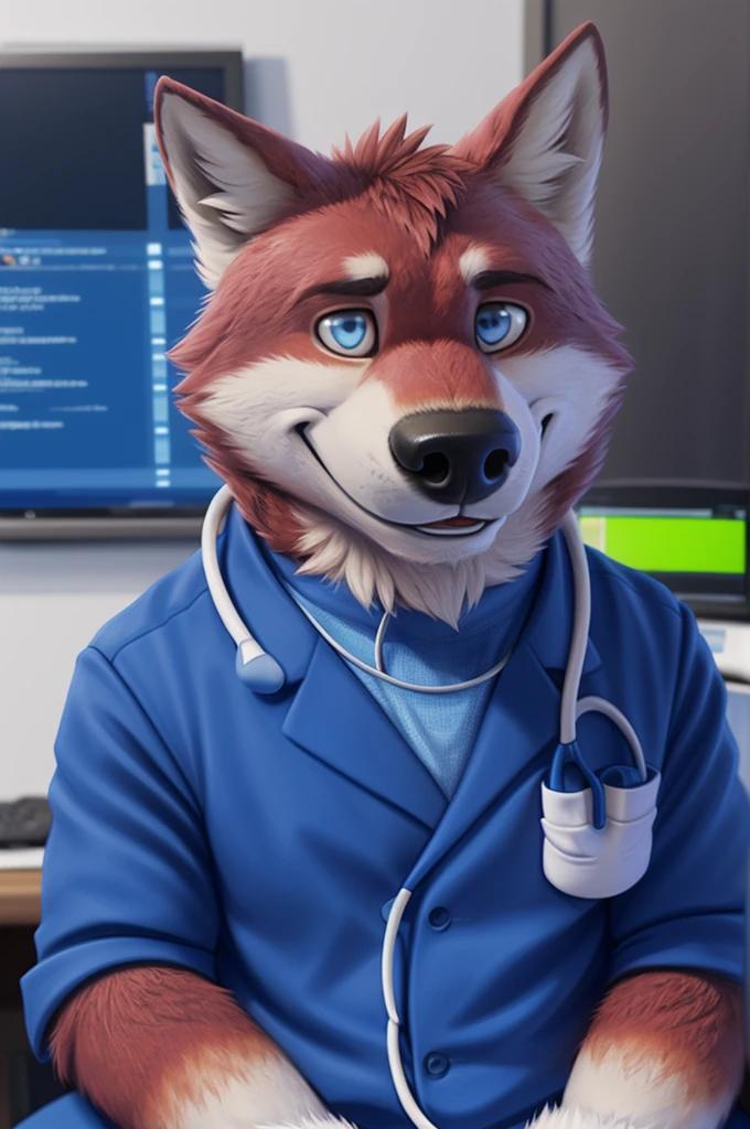 Ivan Fedorovich Wolfbach (Novosibirsk) ,tall handsome, wolf,young, 24 years, brown fur,Kind,(red body:1.3),beautiful blue eyes,Novosibirsk,dressed,medical suit,trousers, Cardiologist, canine, wolf, detailed fur, male, second, paw pads, finger claws,At the viewer, 5 fingers, paws, 5 fingers, smile, wrist watch, т nextel,by xenoforge, (difficult, high detail, digital photography, soft focus, RAW,is sitting кабинете врача окулиста, ,Very close to the camera, variety,Novosibirsk, smile, good mood, positive, Very close to the camera, medical suit, the office distributes a stethoscope,
Photorealism, realistic, photorealistic, digital style, Subsurface scattering,I'm looking at the viewer,is sitting, office oculist doctor oculist,
masterpiece, Best quality, ultra realistic, 8 thousand.)