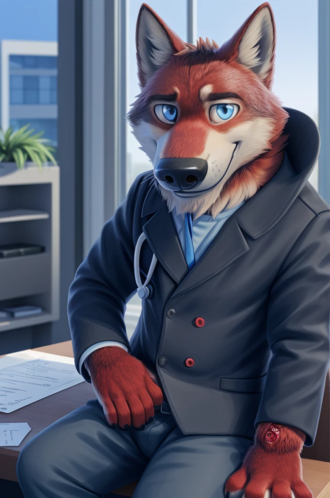 Ivan Fedorovich Wolfbach (Novosibirsk) ,tall handsome, wolf,young, 24 years, brown fur,Kind,(red body:1.3),beautiful blue eyes,Novosibirsk,dressed,medical suit,trousers, Cardiologist, canine, wolf, detailed fur, male, second, paw pads, finger claws,At the viewer, 5 fingers, paws, 5 fingers, smile, wrist watch, т nextel,by xenoforge, (difficult, high detail, digital photography, soft focus, RAW,is sitting кабинете врача окулиста, ,Very close to the camera, variety,Novosibirsk, smile, good mood, positive, Very close to the camera, medical suit, the office distributes a stethoscope,
Photorealism, realistic, photorealistic, digital style, Subsurface scattering,I'm looking at the viewer,is sitting, office oculist doctor oculist,
masterpiece, Best quality, ultra realistic, 8 thousand.)