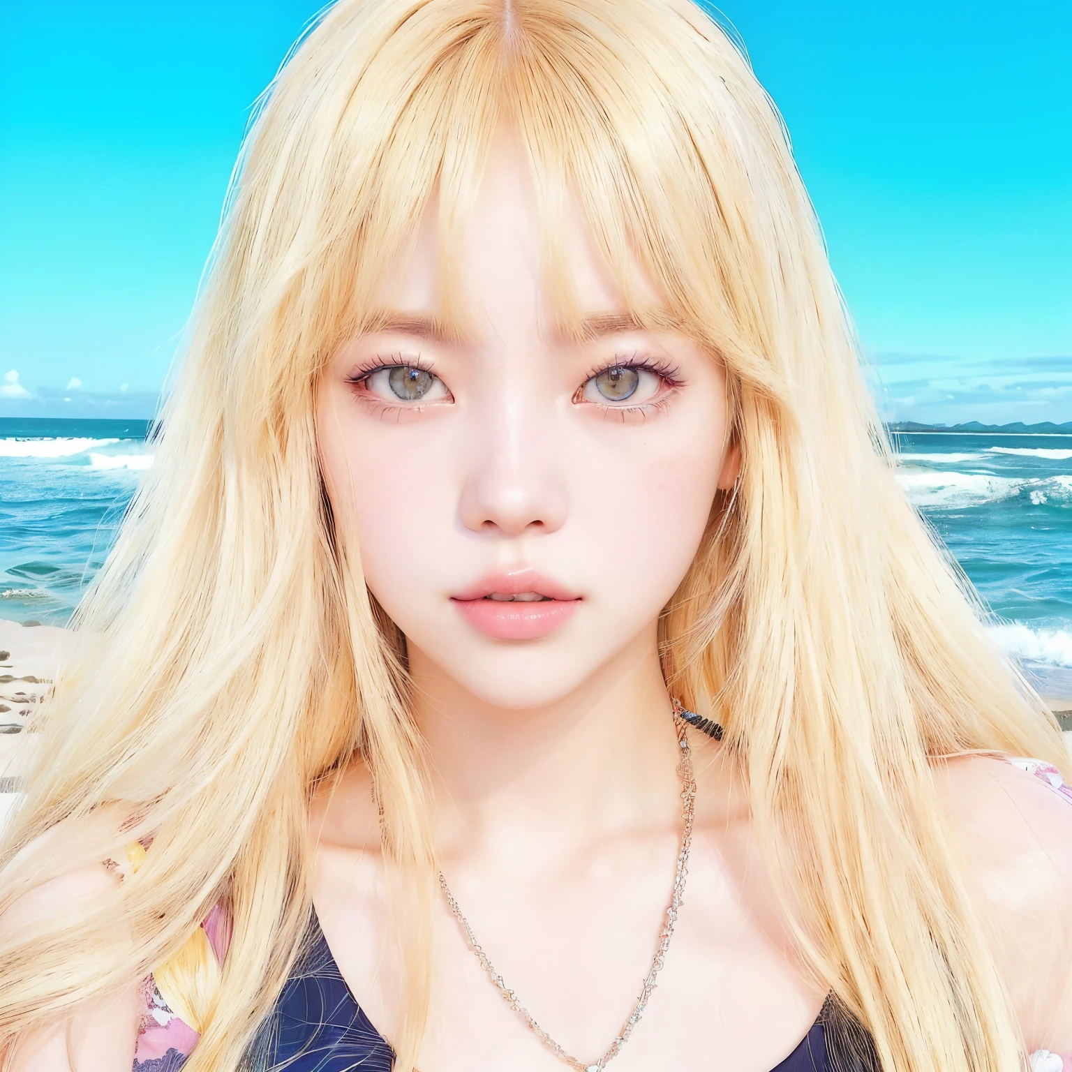 A close-up of a woman with long blonde hair on a beach, lalisa manobal, ulzzang, Lalisa Manoban of Blackpink, Kawaii realistic portrait, jaeyeon nam, portrait of jossi de blackpink, Junko Enoshima, shikami, guweiz, Sakimichan, roseanne park by blackpink, jossi de blackpink