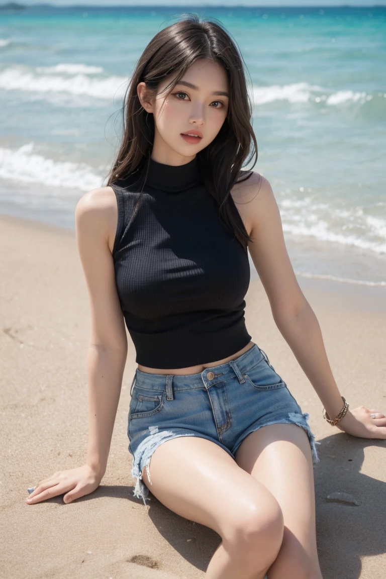 Beautiful woman wearing shorts and a sleeveless top on the beach
