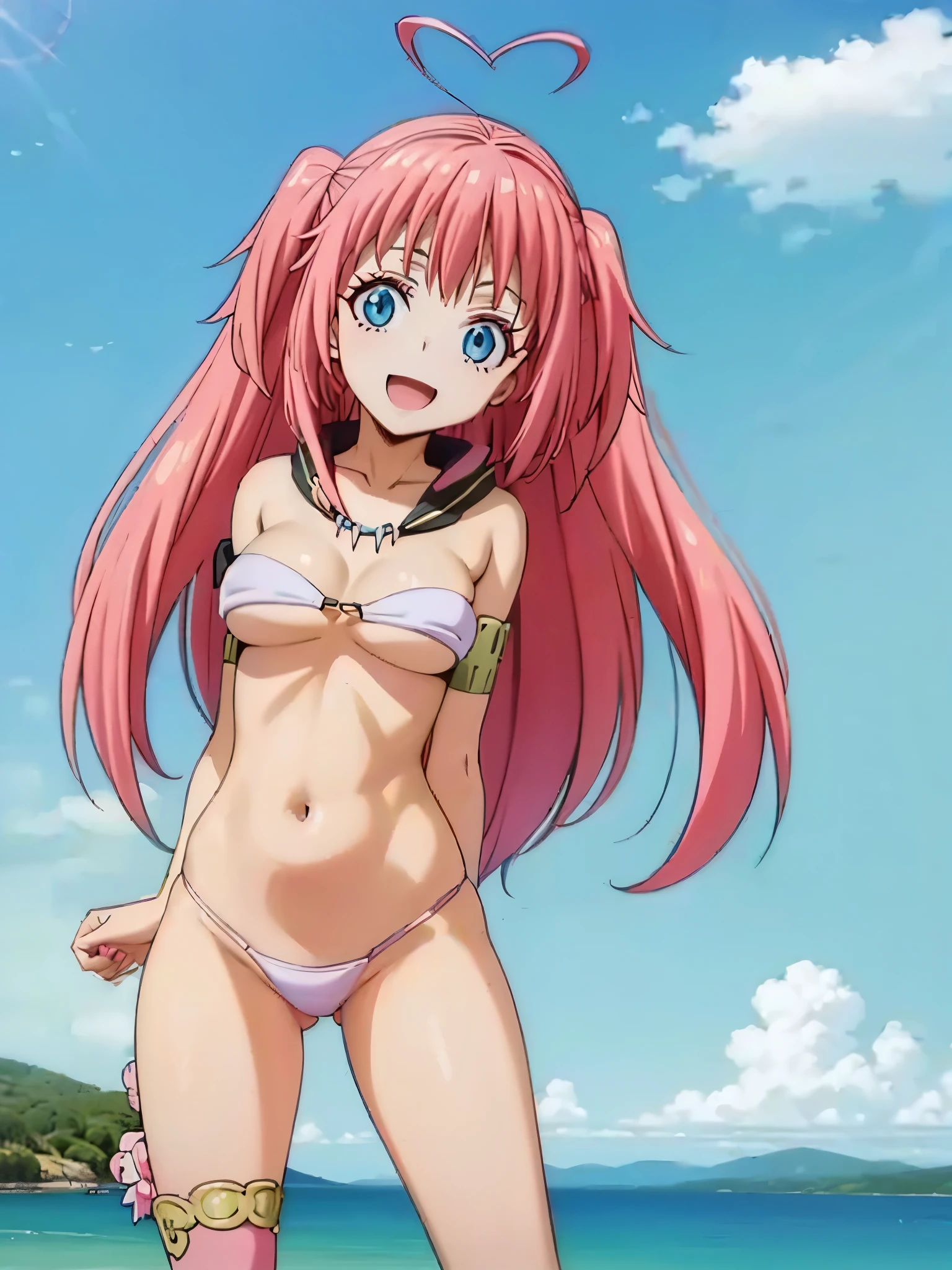 1girl, solo, beautiful girl, brunette skin, blue eyes, big eyes, detailed eyes, long eyelashes, pink hair, long hair, sidelocks, twintails, head tilt, fang, medium breasts, white bikini, string bikini, asymmetrical legwear, pink legwear, pink thighhigh, no pants, smile, looking at viewer, narrow waist, perfect hands, perfect anatomy, cleavage, midriff, navel, bare shoulders, bare arms, outdoors, flying, floating, blue sky, clouds, ultra detailed eyes, anime style, knees together, legs up, smile, open mouth, underboobs, simple background, pink background, hearts, ice cream, holding ice cream,