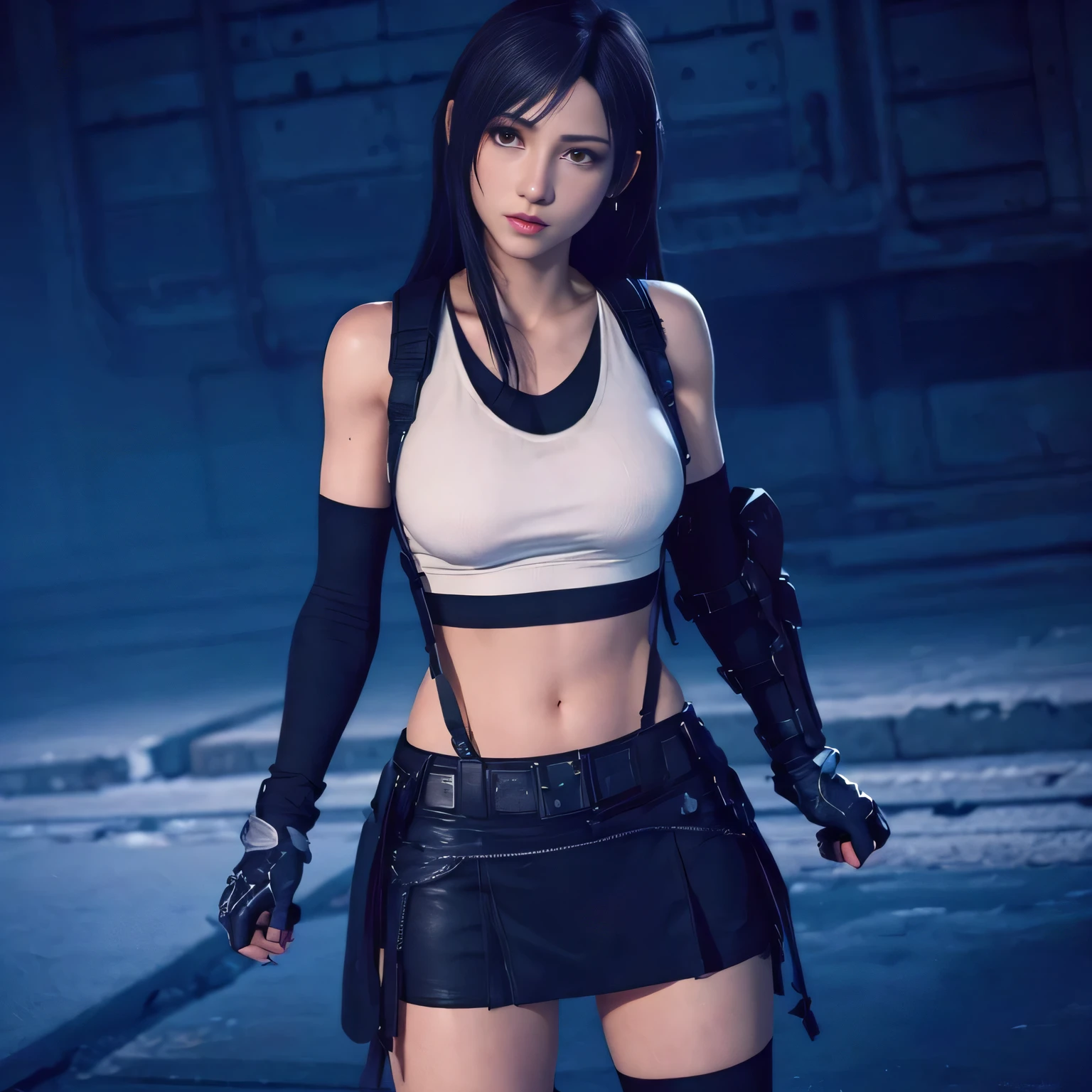 (Highest quality,Ultra-detailed),(Realistic:1.37),Tifa Lockhart, Beautifully detailed face, Black eye makeup, Ultra-realistic texture, Delicate face, Serious expression