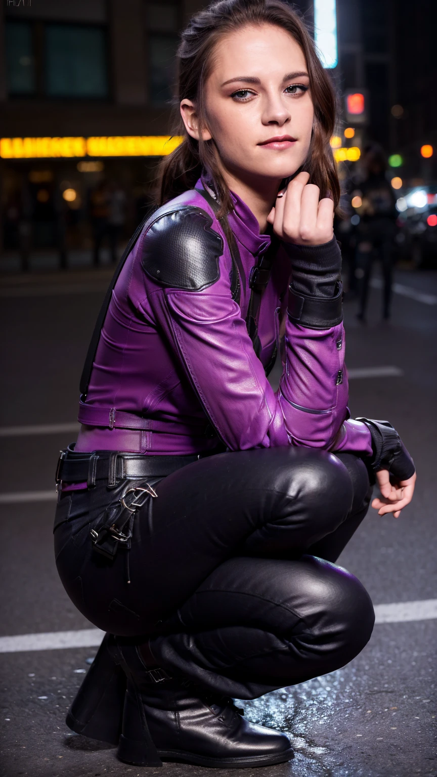 (masterpiece), (photorealistic1.4), (epiCRealLife), (lora:KateBishopFNLoRA:1.0 ribbed bodysuit costume), (KateBishopFNLoRA black leather pants), (KateBishopFNLoRA utilities belt), (leg holster) (KateBishopFNLoRA black gloves), (Kate Bishop Purple Costume),, (epiCFlashPhoto), (harness), (ponytail), (young woman), ,(flashphoto), (flash photography), (make up) ,(kst3w-v2 ), (Kristen Stewart), (Kristen Stewart light smile), (outdoor), (squatting), (New York City Street), (neon lights), (look at viewer),