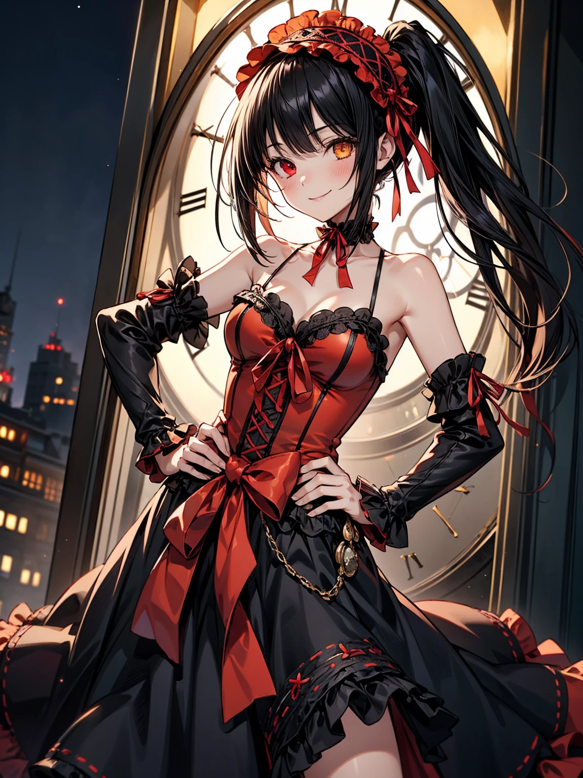 Very detailed, highest quality, masterpiece, gravure body type, medium breasts, moody angle, cowboy shot,( 1girl, solo:1.5), aakurumi, long hair, twintails, hairband, heterochromia, medium breasts, cleavage, black choker, red ribbon, bare shoulders, gothic, red dress, red bow, detached sleeves, very detailed background, outdoors, smile, hand on hip, night, city, Clock tower in the background