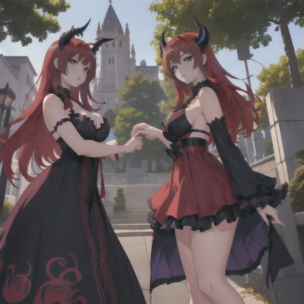 anime girl with red hair and horns in front of a tree, garota anime demon, beautiful together, together, together in tight short dress, Rias Gremory, Lilith, together | Mediovale, garota demon, anime monster girl, mika kurai demon, Dragon girl, demon, together in sundress portrait, seductive anime girl, Coloque cabelo comprido nas duas. Golden Hour. lighting with the image component with purple and blue tones. Clothes off