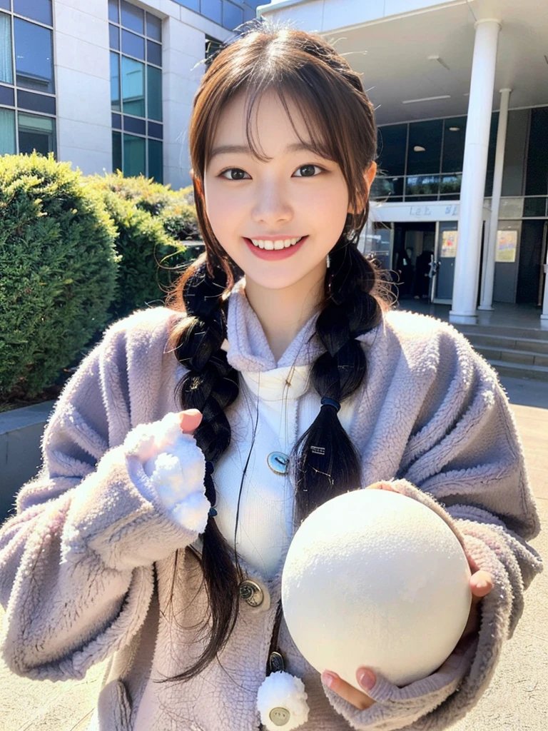 (A photo of a super cute Korean schoolgirl wearing a fleece jacket:1.2)(grin,smile:1.1)(Beautiful Sweat:1.1)(16K, RAW Photos, Highest quality, masterpiece: 1.2),(A cute braid of shiny black hair) Super detailed, Super Resolution, (Genuine, Genuine photos: 1.37), Portraiture, High-resolution RAW color photos, Professional photos, Very detailed, 8k wallpaper, Very detailed CG Unity 8k wallpaper, Very detailed beautiful girls, Very detailed faces, ((whole body)), beautiful woman, Huge breasts,(huge boobs:1.1) (Big Boobs:1.1), beautiful (Wearing a fleece jacket),high school girl, Korean Girls,(K-POP Female Idols), (Idol-class beauty)(Beautiful high school girl:1.1)(In front of the school building with large icicles)()(Tight fleece jacket:1.1)Wearing a fluffy scarf and hand-knitted gloves(snowball fight)warm-looking gloves
