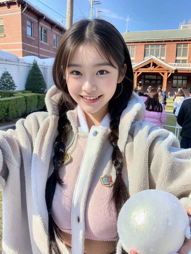 (A photo of a super cute Korean schoolgirl wearing a fleece jacket:1.2)(grin,smile:1.1)(Beautiful Sweat:1.1)(16K, RAW Photos, Highest quality, masterpiece: 1.2),(A cute braid of shiny black hair) Super detailed, Super Resolution, (Genuine, Genuine photos: 1.37), Portraiture, High-resolution RAW color photos, Professional photos, Very detailed, 8k wallpaper, Very detailed CG Unity 8k wallpaper, Very detailed beautiful girls, Very detailed faces, ((whole body)), beautiful woman, Huge breasts,(huge boobs:1.1) (Big Boobs:1.1), beautiful (Wearing a fleece jacket),high school girl, Korean Girls,(K-POP Female Idols), (Idol-class beauty)(Beautiful high school girl:1.1)(In front of the school building with large icicles)(17 years old)(Tight fleece jacket:1.1)Wearing a fluffy scarf and hand-knitted gloves(snowball fight)warm-looking gloves