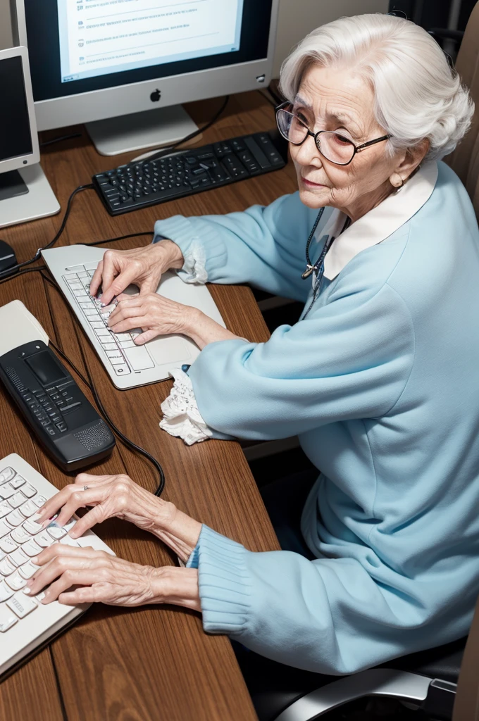 Elderly woman with round glasses writing on a computer keyboard with cables going into her veins, ultra realistic